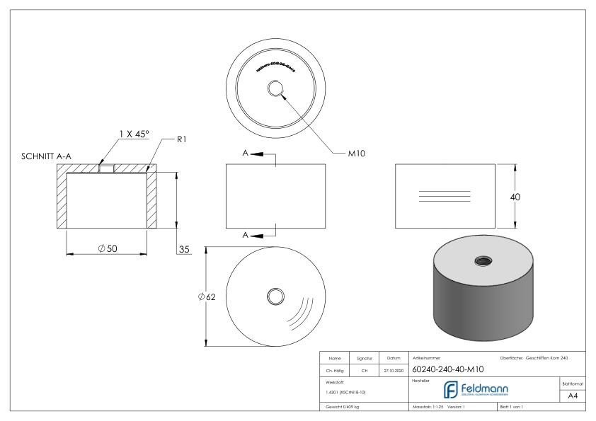 Unterteil für 62mm Glaspunkthalter, T: 40mm, mit M10, V2A