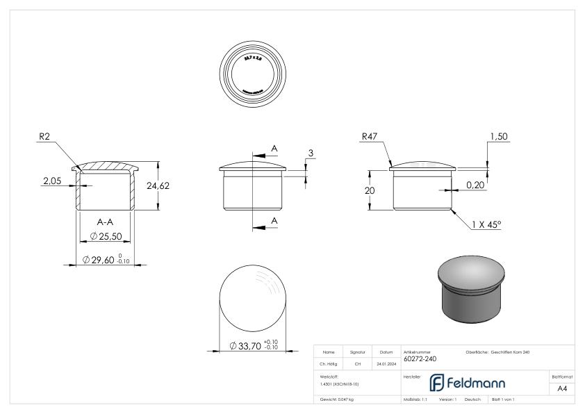 Rohrabschlussstopfen, für Rohr 33,7x2,0mm, V2A