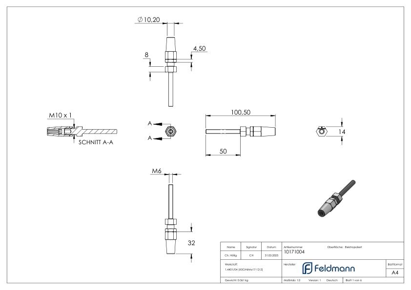 Gewindeterminal zur Selbstmontage für Seil Ø 4mm und Gewinde M6, V4A