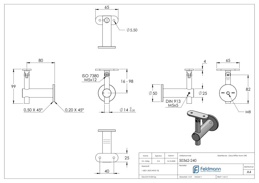 Handlaufhalter mit Gelenk, Handlaufanschlussplatte flach, V2A Handlaufhalter mit Gelenk, Handlaufanschlussplatte flach, V2A