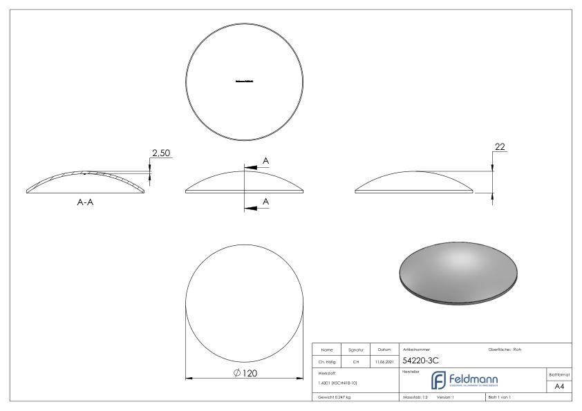 Gewölbte Schale Ø 120x2,5mm, H: 22mm, V2A