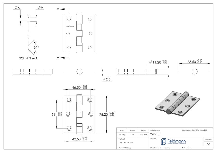 Edelstahl-Scharnier 76x63mm mit festem Zapfen