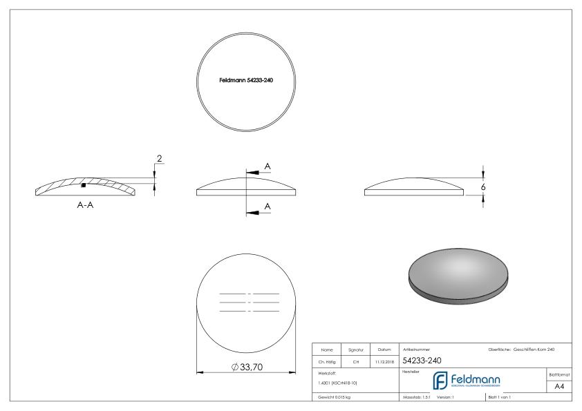 Gewölbte Schale Ø 33,7x2,0mm, H: 6mm, V2A