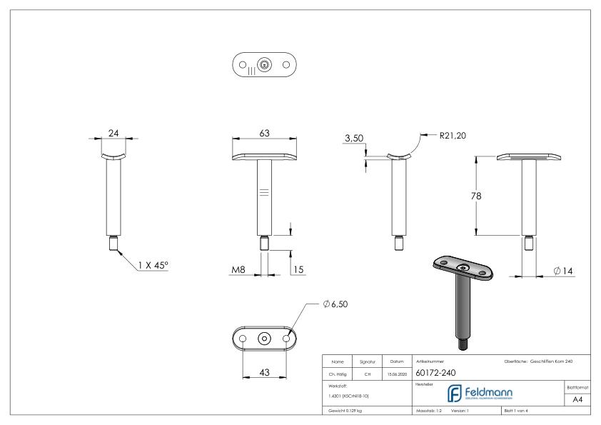 Stift Ø 14mm mit Handlaufanschlussplatte für Rohr 42,4mm, V2A
