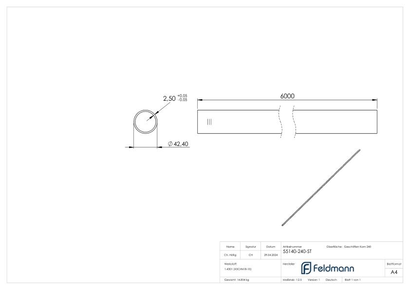 Edelstahlrohr, 42,4 x 2,5mm, L=6m, Korn 240 geschliffen, V2A