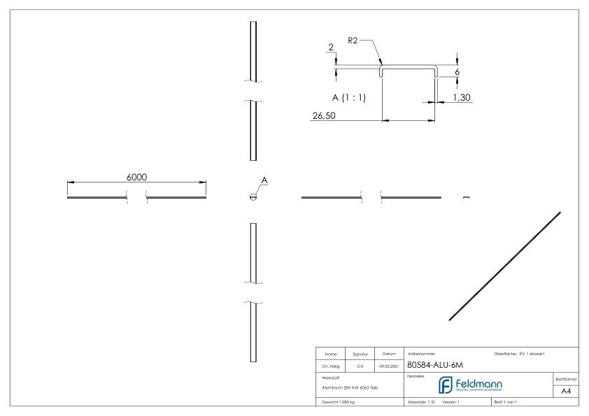 Kantenschutz EXTRA SLIM, für Glas 24,00 - 25,52mm, L: 6000mm, Aluminium E4/EV1