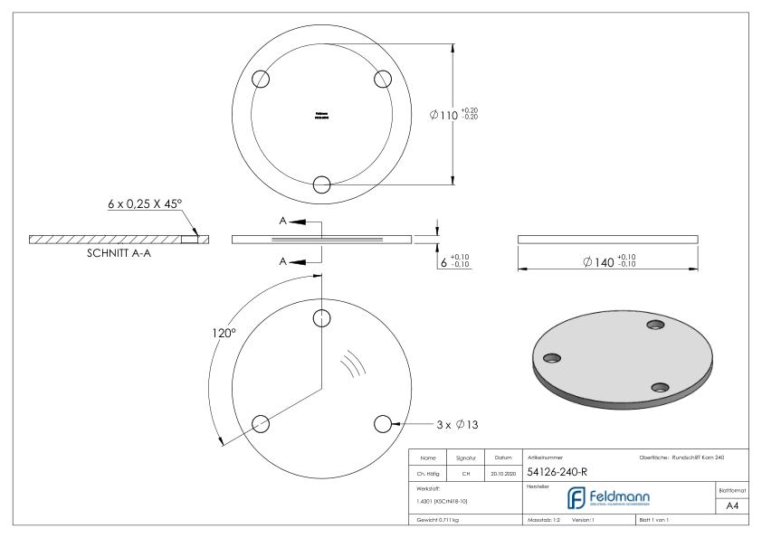 Ankerplatte Ø 140x6mm, mit Rundschliff, V2A