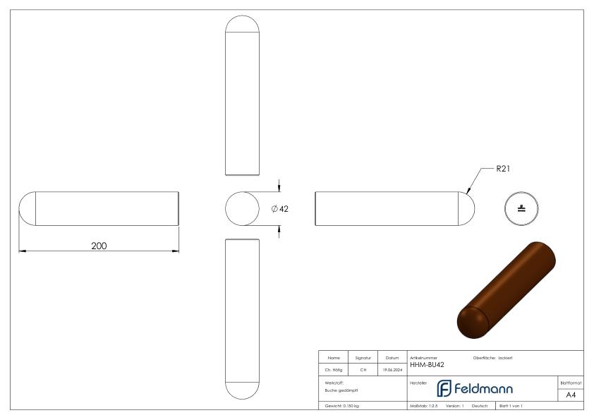 Holzhandlauf Buche gedämpft Ø 42mm, Länge 200mm, lackiert