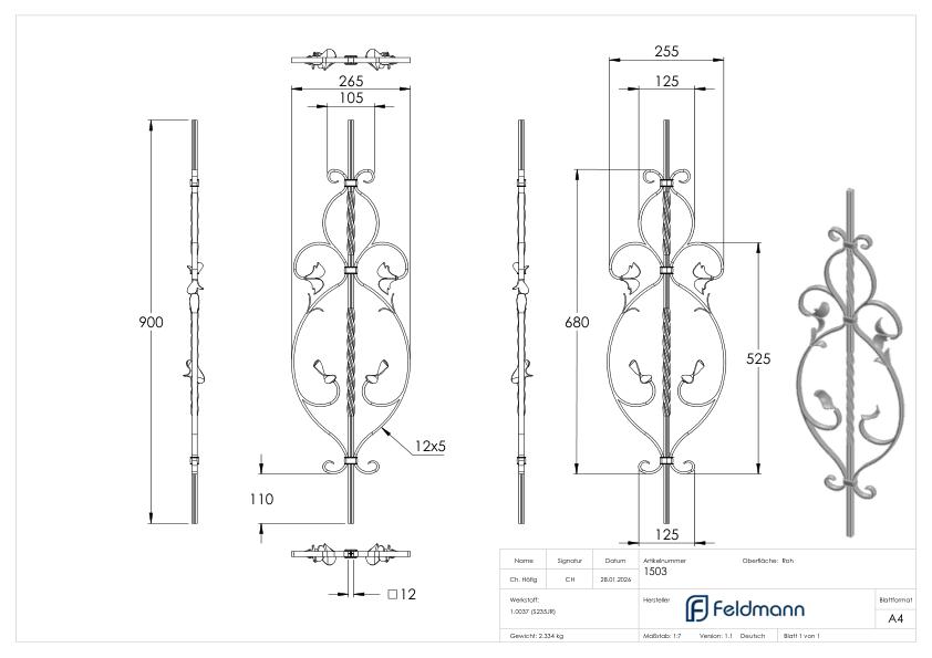 Zierstab 12x12mm, gerillt, Barock, H: 900mm