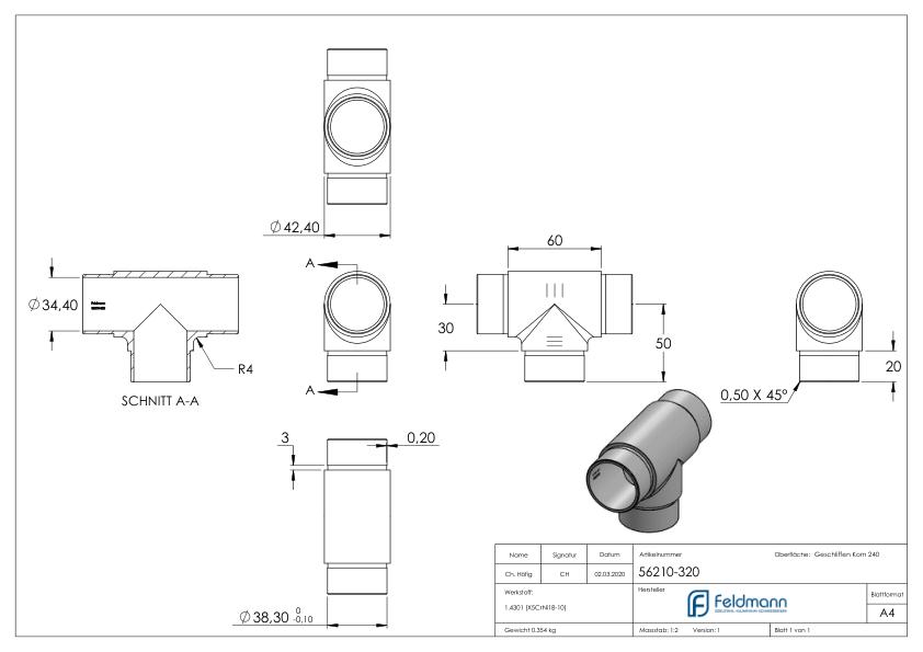 T-Stück, für Rohr 42,4x2,0mm, V2A