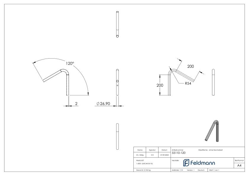 Rohrbogen 120°, aus Rohr 26,9x2,0mm, V2A