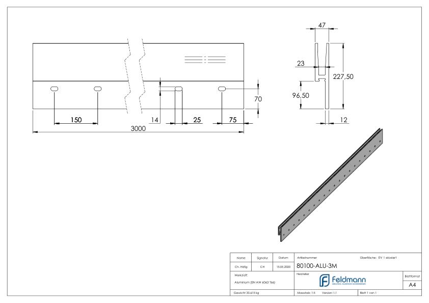 Alu-Profil ELEGANZA STRONG, seitliche Montage, L: 3000mm