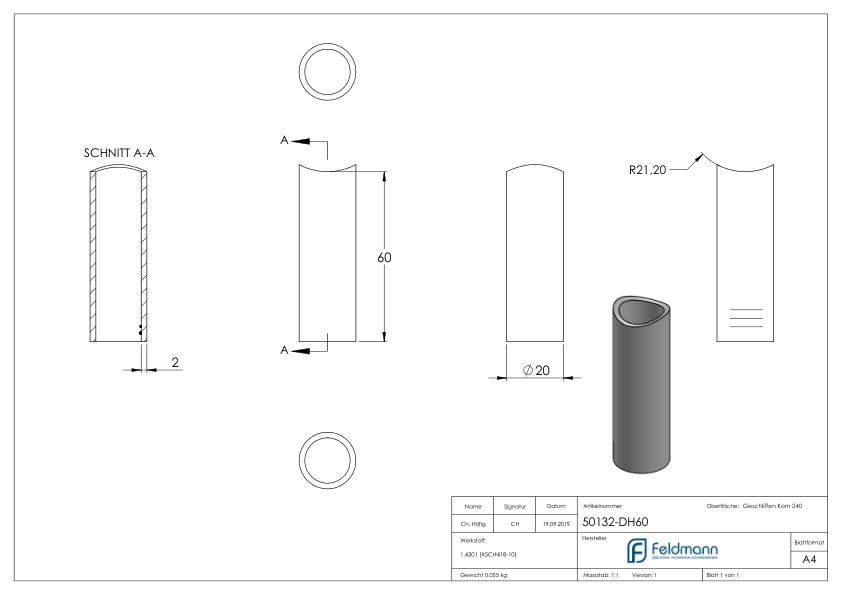 Distanzhülse, L: 60mm, für 42,4mm, V2A