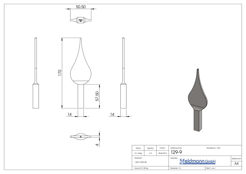 Zaunspitze, Ansatz 14x14mm, H: 250mm