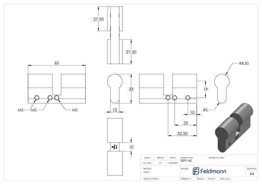 Blindzylinder mit Länge 65mm
