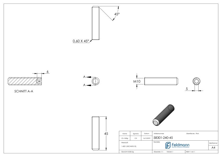Gewindestift M10x45, V2A, DIN 913 / ISO 4026 Gewindestift M10x45, V2A, DIN 913 / ISO 4026