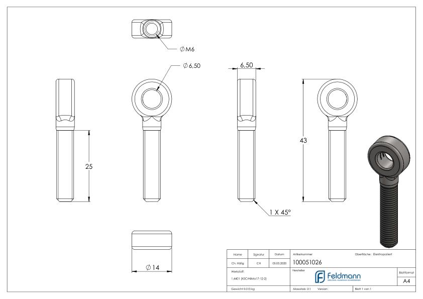 Augenenden mit Gew. M6, V4A
