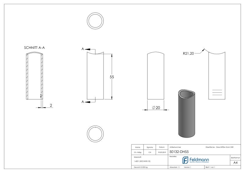 Distanzhülse, L: 55mm, für 42,4mm, V2A