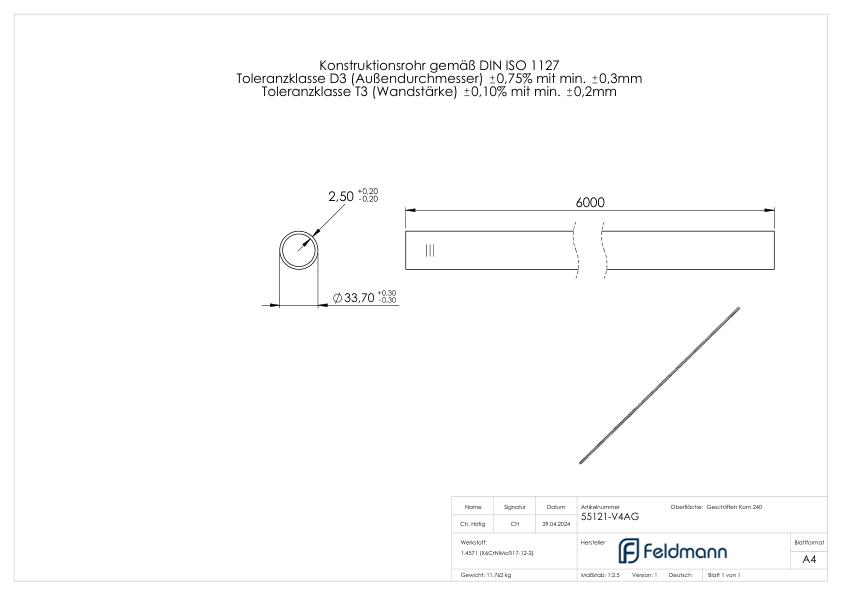 Edelstahlrohr V4A geglüht 33,7 x 2,5mm, L=6m