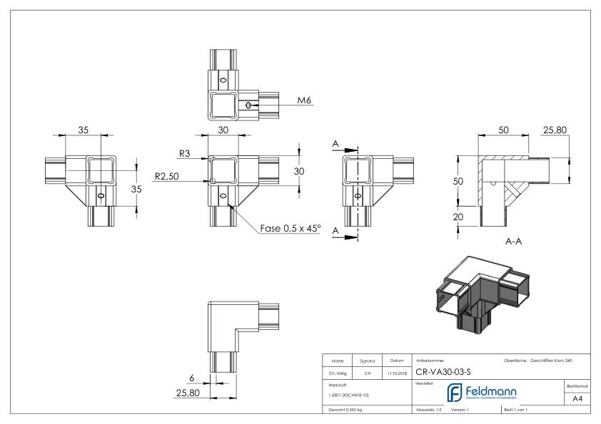 CORNECT® Ecke 90° mit Abgang, V2A