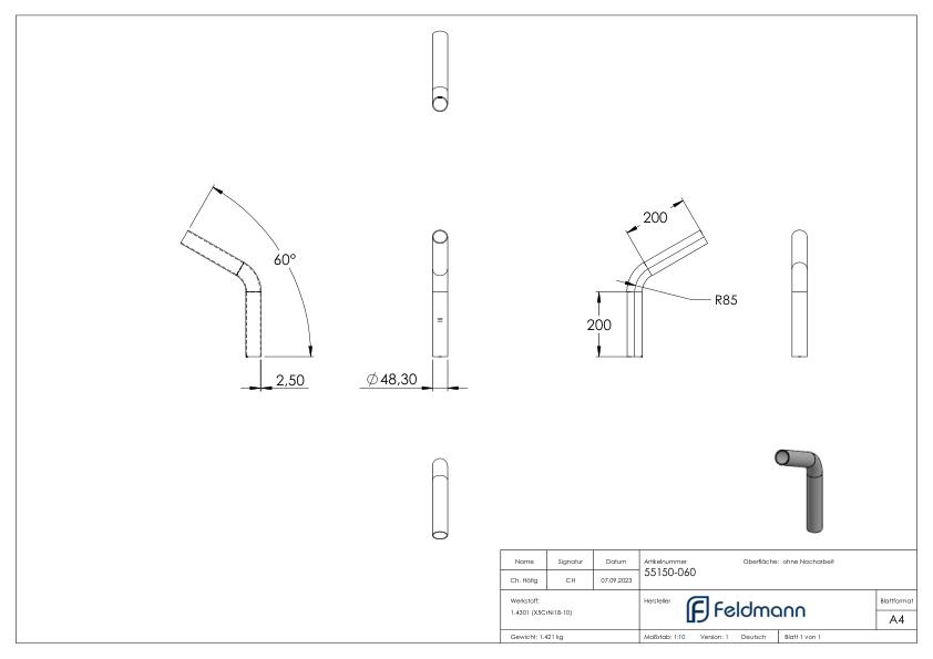 Rohrbogen 60°, aus Rohr 48,3x2,5mm, V2A