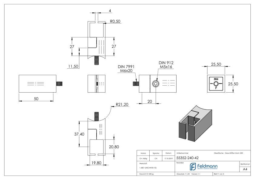 Halter für quadratisches Klemmprofil 20x20mm, Anschluss: 42,4mm, V2A