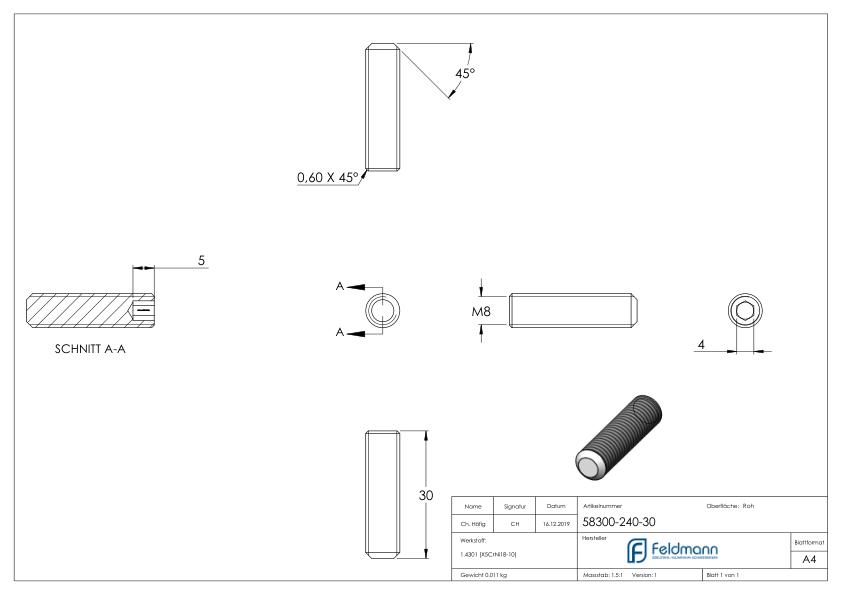 Gewindestift M8x30, V2A, DIN 913 / ISO 4026