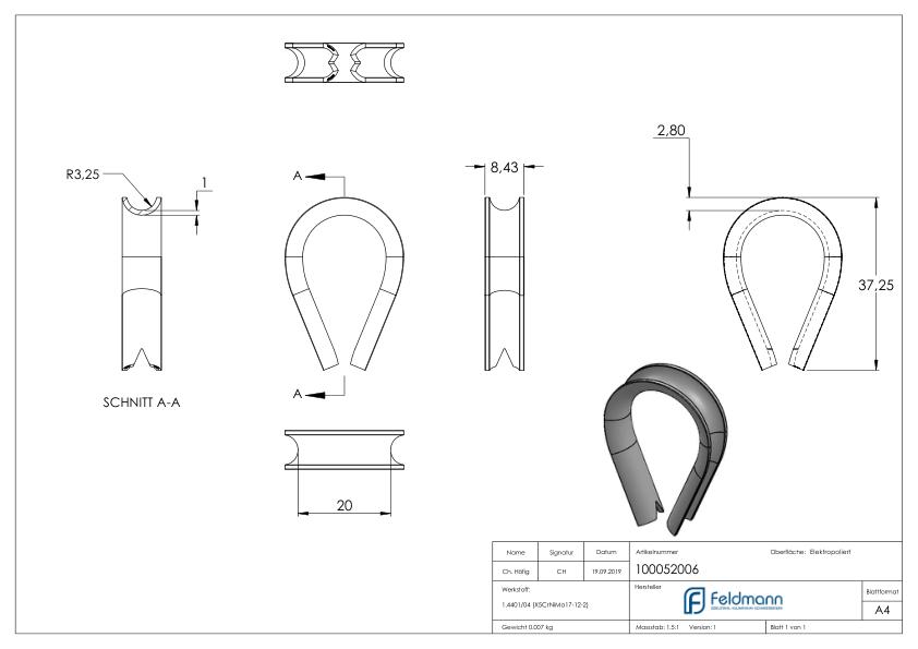Kausche für Seil 6mm, V4A Kausche für Seil 6mm, V4A