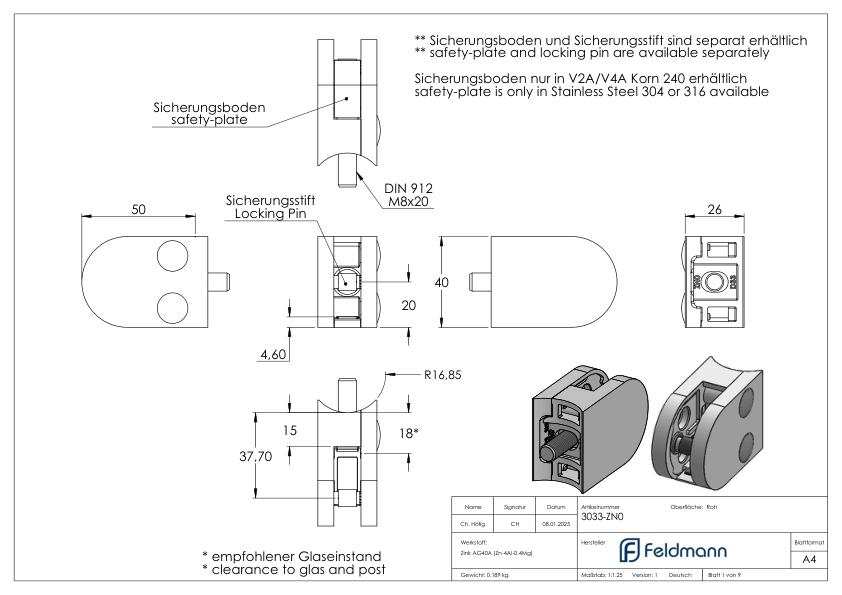 Glasklemme Mod. 30, Anschluss: 33,7mm, Zink roh
