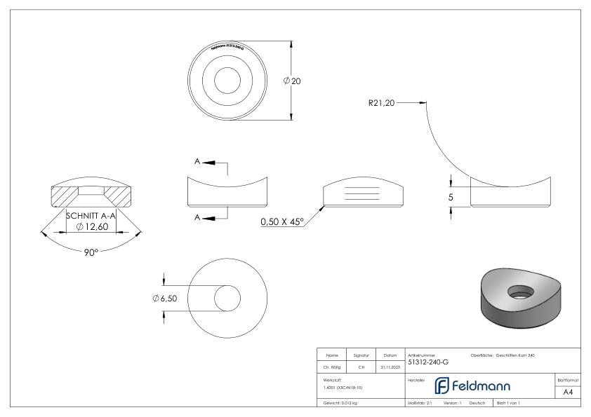 Ausgleichsstück (mit Senkung) für Rohr 42,4mm, Ø 20mm, V2A