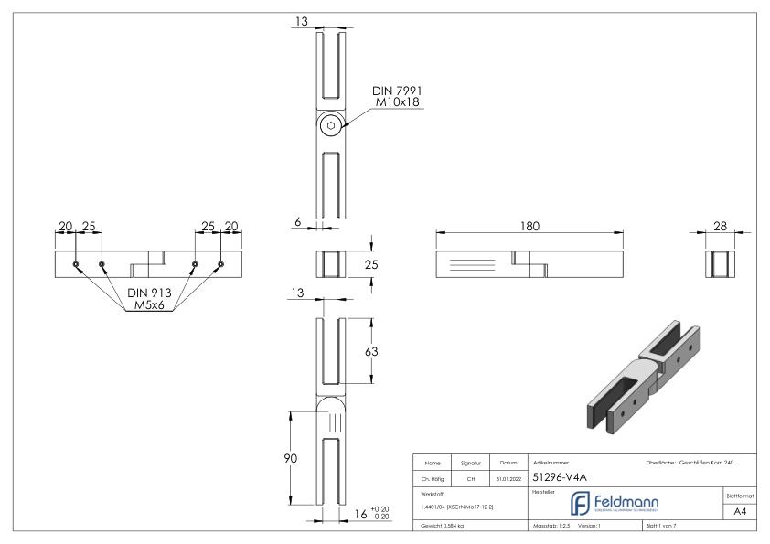 Glasverbinder, für Glas 12 - 12,76mm, verstellbar, V4A
