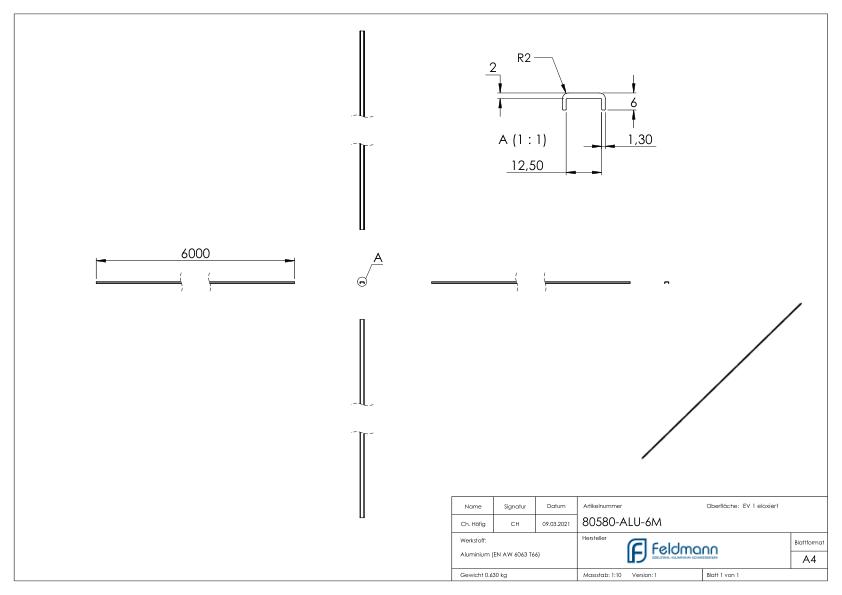 Kantenschutz EXTRA SLIM, für Glas 10,00 - 11,52mm, L: 6000mm, Aluminium E4/EV1