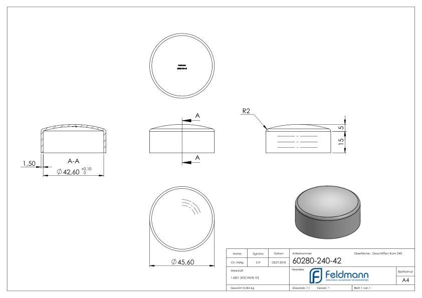 Endkappe zum Überstecken für Rohr 42,4mm, V2A