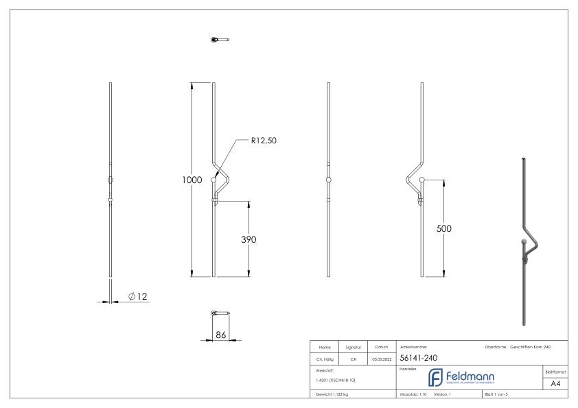 Zierstab aus Ø 12mm mit Kugel Ø 25mm, H: 1000mm, V2A