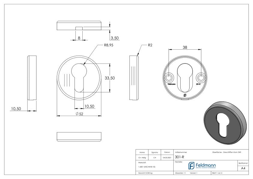 Schlüsselrosette-Paar, für Profilzylinder, V2A