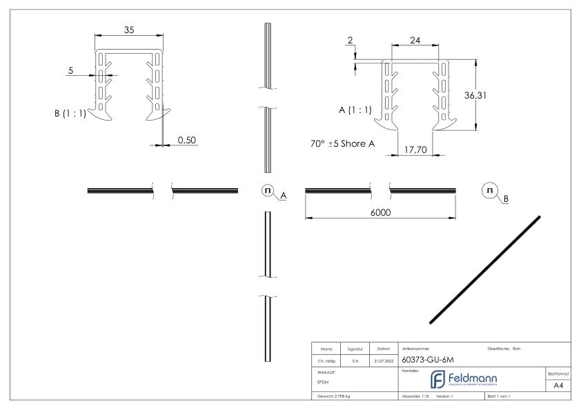 Keildichtung Glas 20,76 – 21,52mm, für Nut 34x34mm, 6m