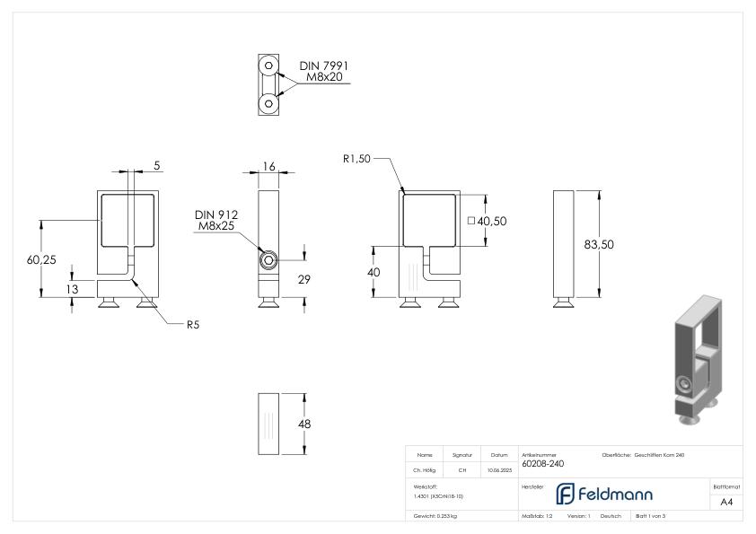 Spannring für Rohr 40x40mm, V2A