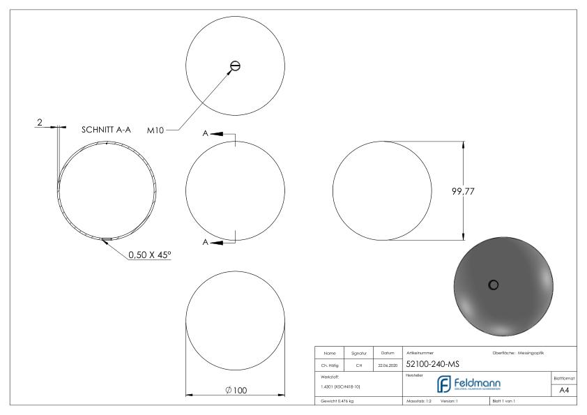 Messinghohlkugel Ø 100mm mit M10