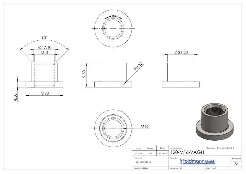 Gewindehülse, passend zu Torband 120-M16-VA , V2A