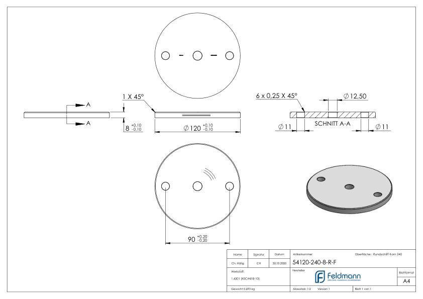Ankerplatte Ø 120x8mm, mit Rundschliff und Fase, V2A