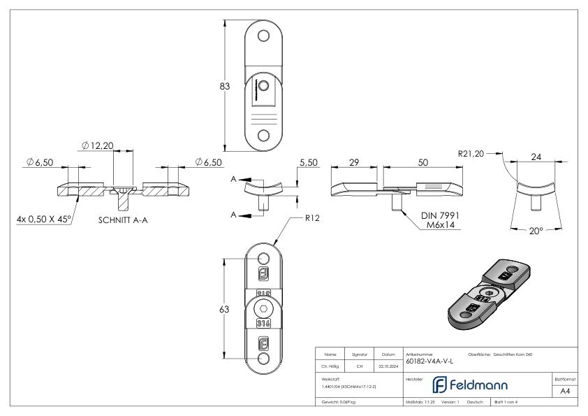 Handlaufanschlussplatte verstellbar, 42,4mm, V4A