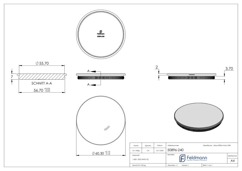 Rohrabschlussstopfen, für Rohr 60,3x2,0mm, V2A