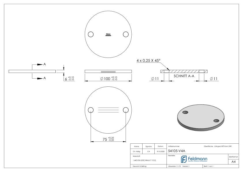 Ankerplatte Ø 100x6mm, mit Längsschliff, V4A