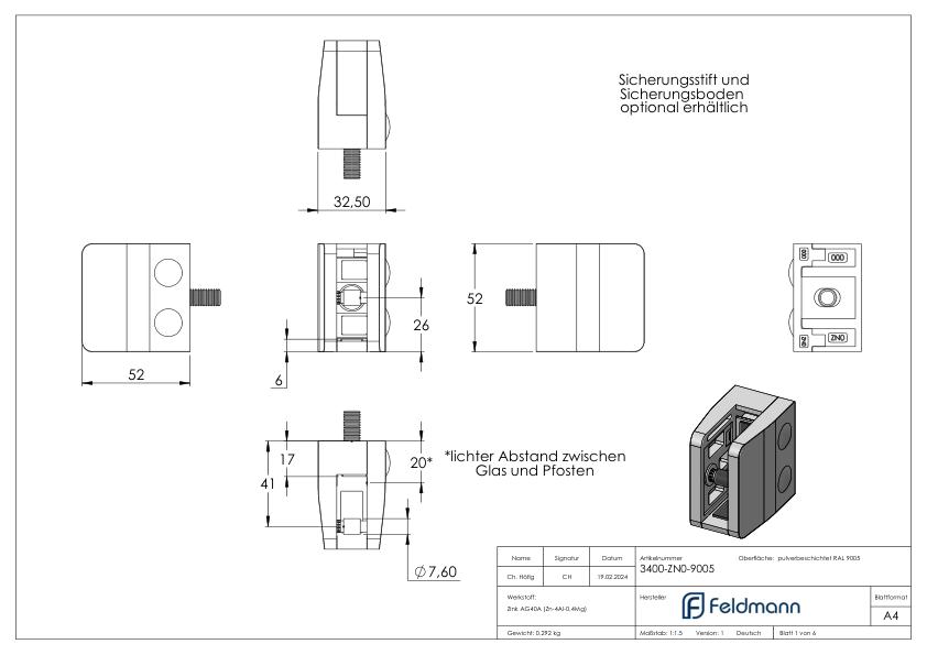 Glasklemme Mod. 34, Anschluss: gerade, Zink roh pulverbeschichtet RAL 9005 matt