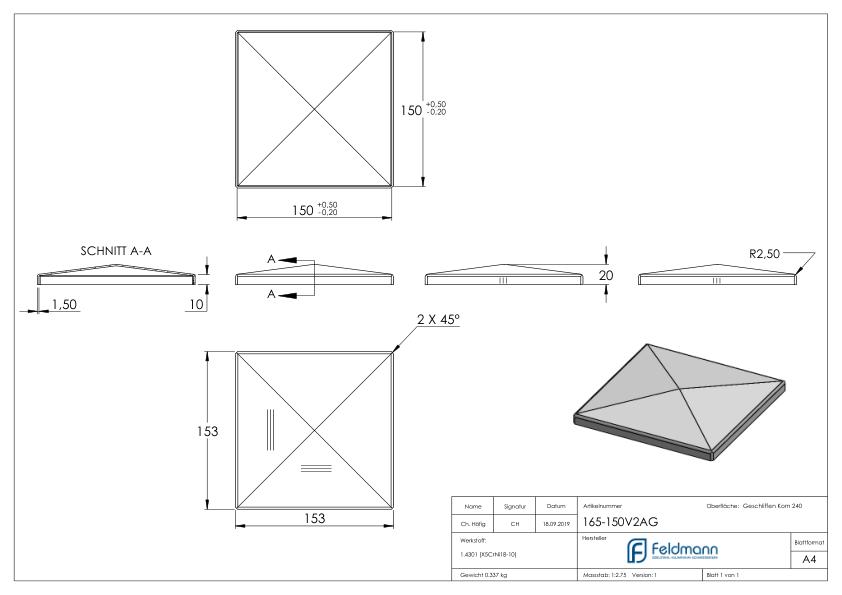 Pyramidenkappe, für Rohr 150x150mm, V2A