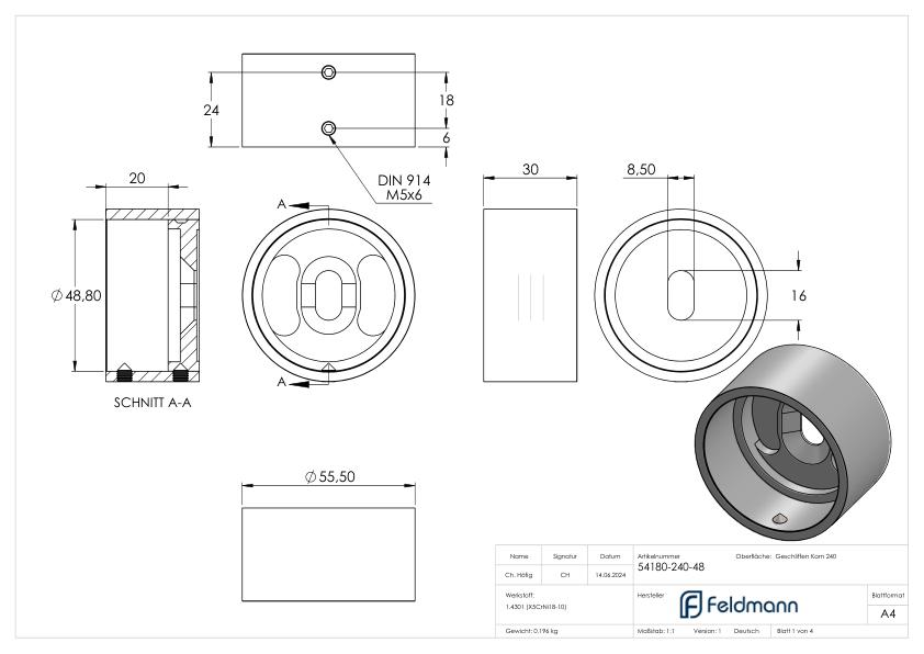 Wandbefestigung für Rohr 48,3mm, V2A