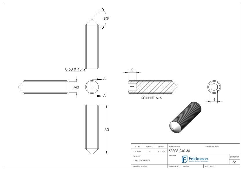 Gewindestift M8x30, V2A, DIN 914 / ISO 4027