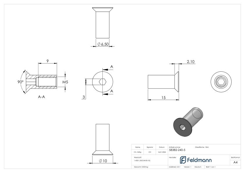 Hülsenmutter mit Senkkopf und ISK, M5x15, V2A