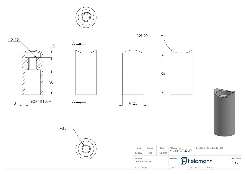 Wandhalter für Rohr 42,4mm, L: 50mm, V2A