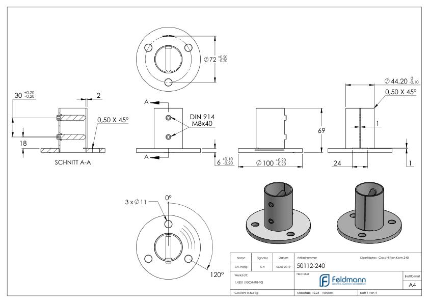 Wand- und Bodenanker, für Rohr 48,4x2,0mm, V2A